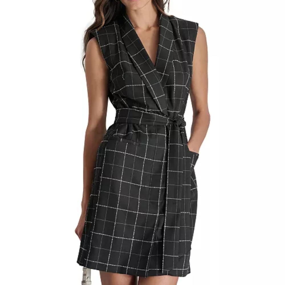 Black Sleeveless Wrap Dress with White Grid Pattern